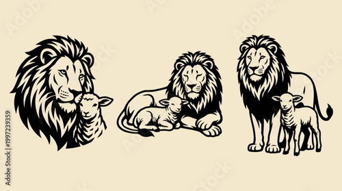 Lion and Lamb Biblical Illustration Set: Vintage Woodblock Engraving for Religion and Peace