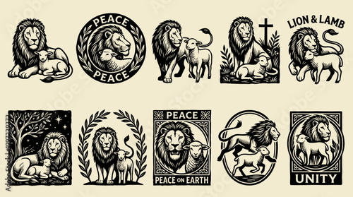 Lion and Lamb Linocut Illustration: 10 Isolated Biblical Engraving Vector Elements for Design