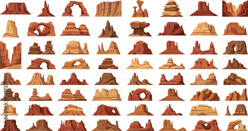 Schilderij op canvas Canyon mountains and desert rock formations set, vector illustration of cliffs,