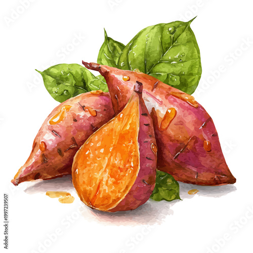 Stylized watercolor Sweet Potato vector, modern artistic illustration with high-quality details on a pure white background.