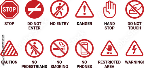 Safety warning signs and icons set, vector collection of red prohibited and caution symbols on transparent background