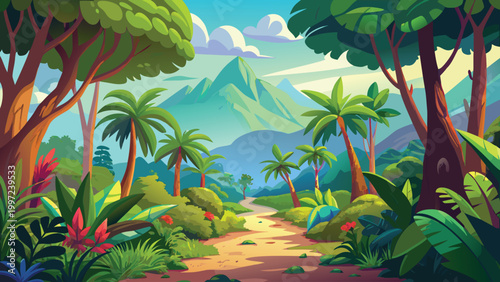 Tropical jungle landscape with palm trees and green mountains in the distance under a bright sunny blue sky illustration Vector