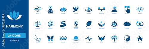 Harmony solid glyph icon set featuring Yin Yang, Balance, Scale, Zen, Lotus, Peace, Dove, Circle for web, mobile app, dashboard, presentation, infographic and commercial interface design