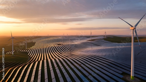 Rows of solar panels and several wind turbines are spread across a green hilltop, illuminated by the warm glow of a sunset. The stunning landscape highlights the commitment to sustainable energy