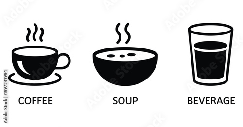 three simple food and beverage icons, hot coffee cup, bowl of steaming soup and glass of water for cafe menu, restaurant, and app interface design.