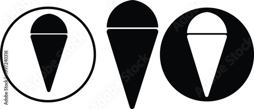 Minimalist ice cream cone icons, black and white dessert symbols, flat vector set of 3 sweet treat signs for food menus and signage