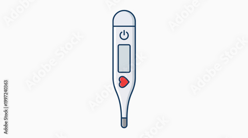 A digital thermometer with a heart symbol, indicating health and well-being, against a white background.