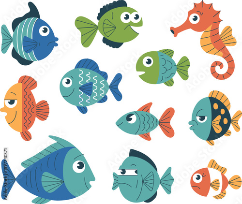 Cute cartoon fish vector set, colorful marine animals, aquarium sea life collection illustration design