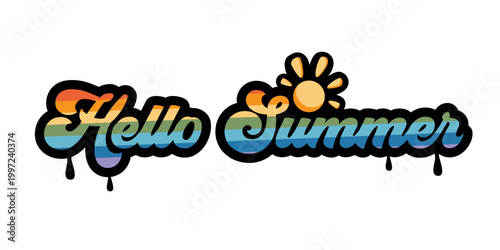 Hello Summer retro sticker with rainbow groovy lettering and sun icon. Colorful seasonal Hello summer logo typography with black drips on white background. LGBTQ inspired summer print design.