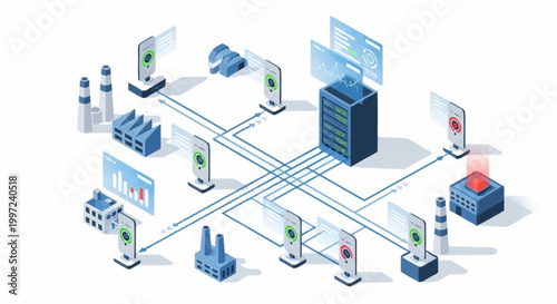 Isometric illustration of network connections and data exchange.