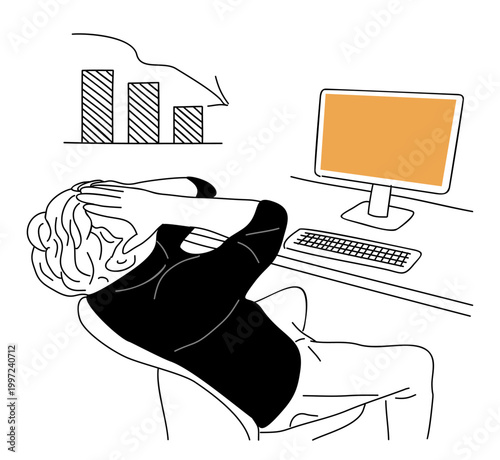 Stressed individual rests head on desk after long work session. Chart shows declining sales behind them, symbolizing pressure. Computer monitor glows orange, indicating active workload