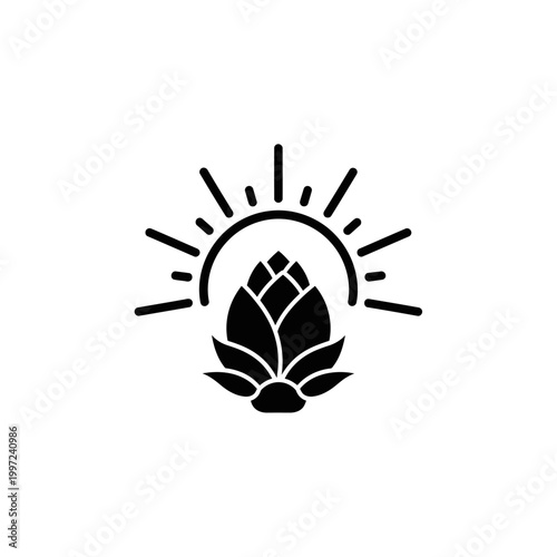 Black and white illustration of a hop flower with sunburst, representing brewing and nature.