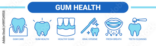 Gum Health web banner icon vector illustration concept with icons of gum care, gum health, healthy gums, oral hygiene, fresh breath, and teeth cleaning. 