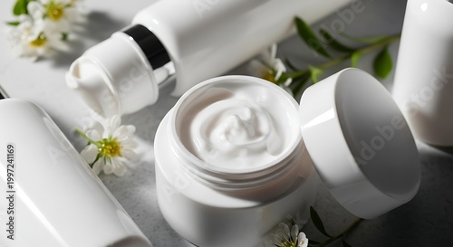 Luxurious White Skincare Products with Delicate White Flowers.