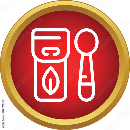 Herbal syrup bottle with a leaf symbol and a spoon, representing natural health