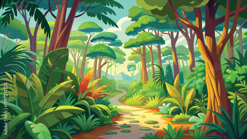 Beautiful green tropical jungle forest landscape with a winding path through lush trees and exotic plants on a sunny day Vector