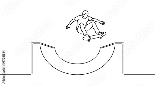 A dynamic line drawing captures a skateboarder mid-air, performing a trick over a half-pipe ramp, showcasing the thrill of extreme sports.