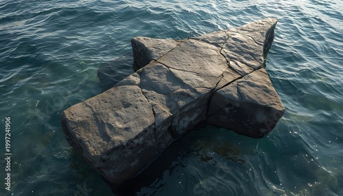 A large rock formation protrudes from the calm and clear water of a serene ocean