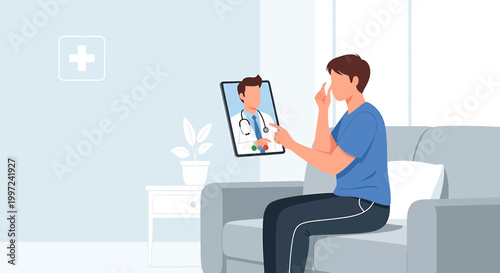 Patient consults doctor online via video call on tablet, remote healthcare concept