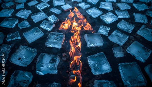 A dramatic image of ice cubes with a fiery arrow pointing upwards on a dark background