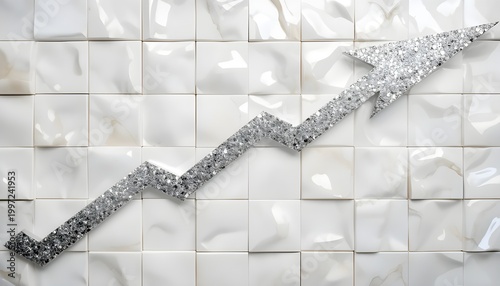 A shiny silver arrow made of small stones pointing upwards on a white tiled background
