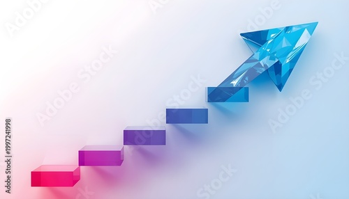 A colorful 3D staircase with a crystal arrow pointing upwards on a gradient background