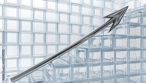 A sleek silver arrow pointing upwards against a backdrop of a modern glass block wall with a reflective surface