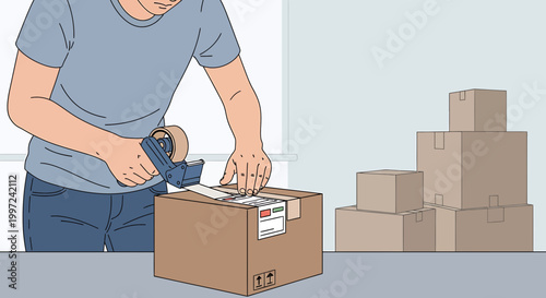 Person sealing a cardboard box with packing tape, preparing for shipping or moving