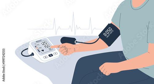 Person using a digital blood pressure monitor, health check, heart rate display