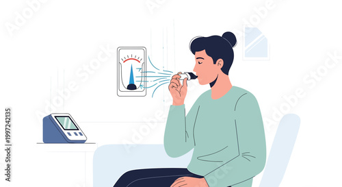 Person using a spirometer for lung function test, medical device, respiratory health check