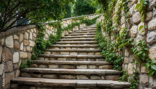 A serene stone staircase with lush greenery and ivy growing up the walls in a natural outdoor setting
