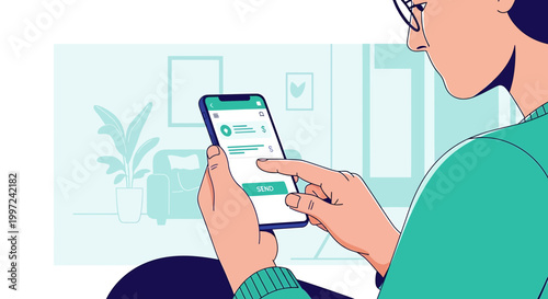 Person using smartphone for online communication, messaging app on screen, modern lifestyle