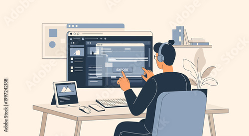Person working on computer with support interface, remote work, digital workspace, online help
