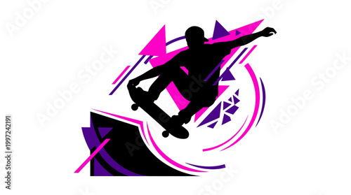 Dynamic silhouette of a skateboarder performing a trick amidst vibrant pink and purple abstract geometric shapes, illustrating extreme sports energy.