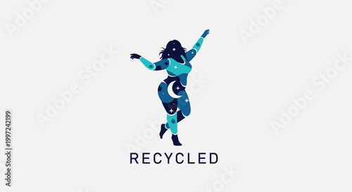 Abstract illustration of a woman dancing with celestial patterns and recycled text.