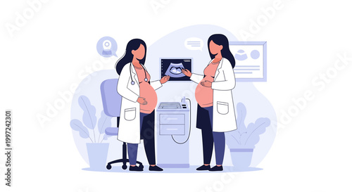 Pregnant women and doctors with ultrasound, medical care, pregnancy, motherhood concept