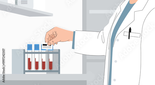 Scientist placing label on blood sample tube in laboratory, close-up
