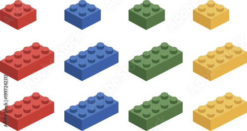 Isometric toy brick vector set, colorful plastic building blocks, construction pieces collection for kids creative play design