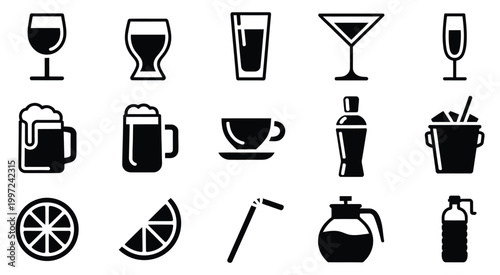 beverage icons and drinkware symbols collection, representing various types of drinks and serving items for menus, cafe, restaurant, and food service design.