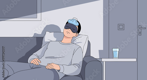 Sick person resting on couch with ice pack on forehead, glass of water nearby