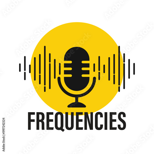 Frequencies Podcast Logo Yellow Circle Microphone With Abstract Sound Waves