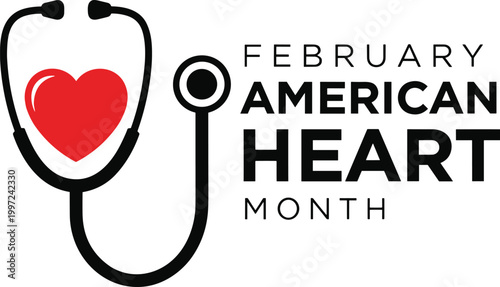 American Heart Month February Awareness Design with Stethoscope and Red Heart Symbol for Healthcare Campaign Medical Support Vector Illustration
