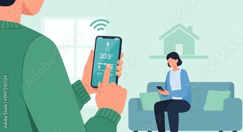Smart home control: Person uses smartphone app to adjust thermostat temperature