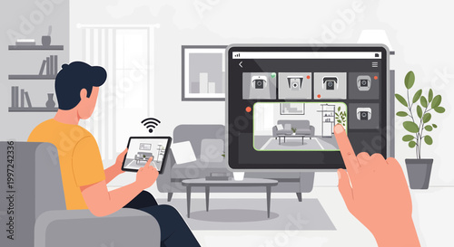 Smart Home Security: Man controls cameras and smart devices via tablet in living room