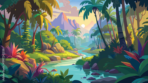 Beautiful tropical jungle landscape with a flowing river and palm trees under a bright warm sunrise in the mountains Vector