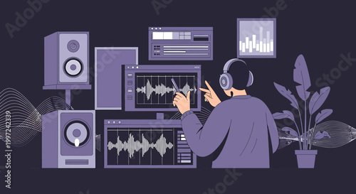 Sound engineer working on audio editing software with waveforms and speakers
