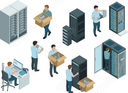 Isometric data center vector set, server racks, technicians working, network maintenance, IT infrastructure technology illustration collection
