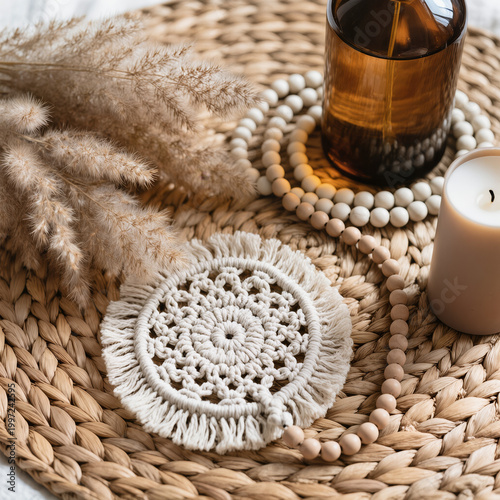 Boho Decor Flatlay with Macrame Coaster, Pampas Grass, Amber Glass Bottle, Ceramic Beads and Neutral Candle on Woven Rattan in Soft Natural Light