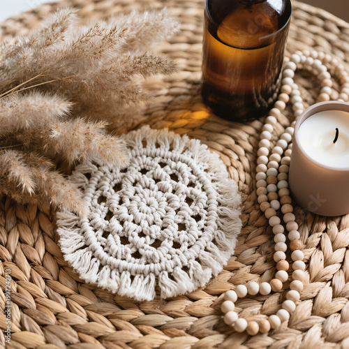 Boho Decor Flatlay with Macrame Coaster, Pampas Grass, Amber Glass Bottle, Ceramic Beads and Neutral Candle on Woven Rattan in Soft Natural Light