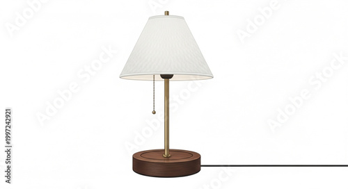 A classic desk lamp with a white shade and a wooden base.